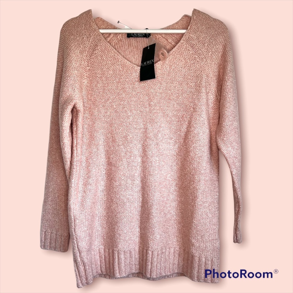 Ralph Lauren LRL NWT Women's BlushPink MarledCotton Blend V-Neck Knit S Sweater